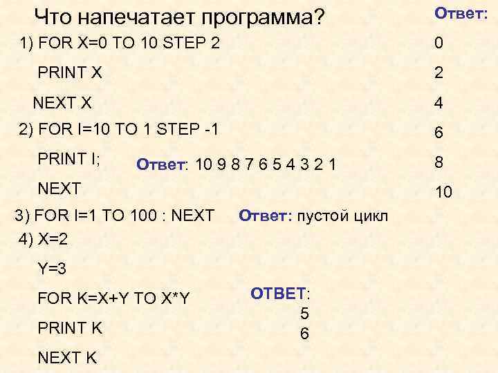 Что напечатает программа? Ответ: 1) FOR X=0 TO 10 STEP 2 0 PRINT X