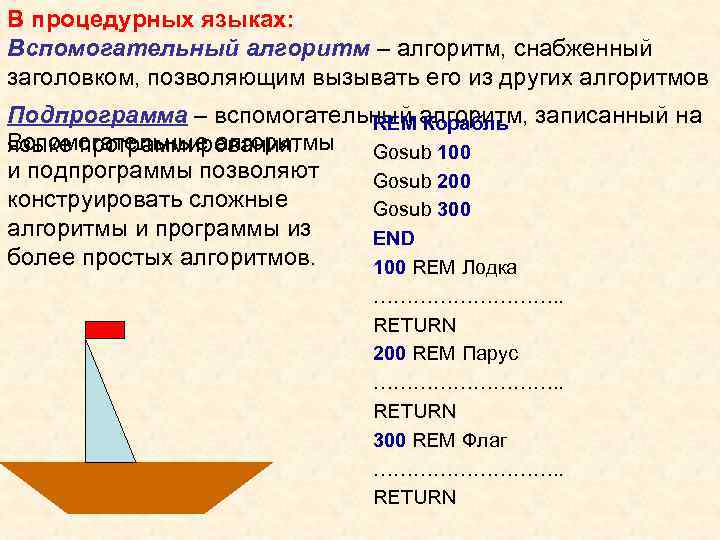 В процедурных языках: Вспомогательный алгоритм – алгоритм, снабженный заголовком, позволяющим вызывать его из других