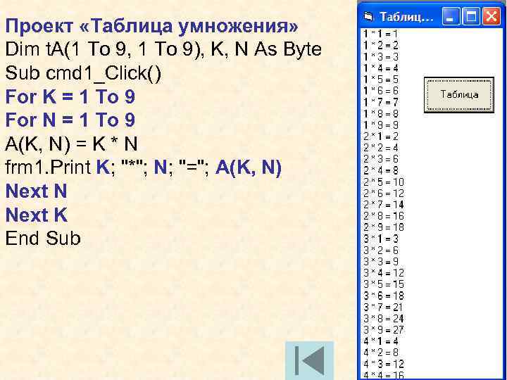 Проект «Таблица умножения» Dim t. A(1 To 9, 1 To 9), K, N As