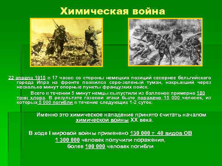 Химическая война 22 апреля 1915 в 17 часов со стороны немецких позиций севернее бельгийского