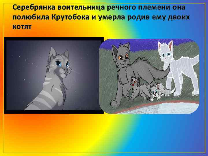 Серебрянка воительница речного племени она полюбила Крутобока и умерла родив ему двоих котят 