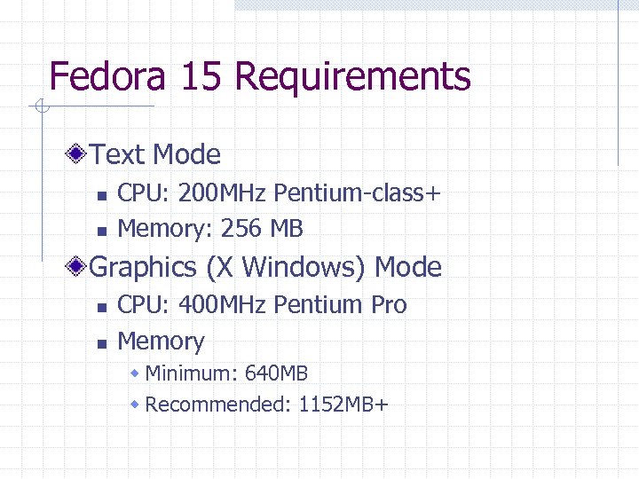 Fedora 15 Requirements Text Mode n n CPU: 200 MHz Pentium-class+ Memory: 256 MB