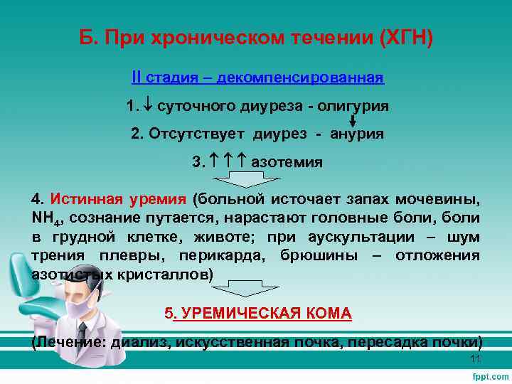 Б. При хроническом течении (ХГН) II стадия – декомпенсированная 1. суточного диуреза - олигурия