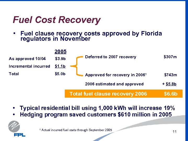 Fuel Cost Recovery • Fuel clause recovery costs approved by Florida regulators in November