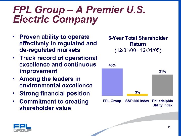 FPL Group – A Premier U. S. Electric Company • Proven ability to operate