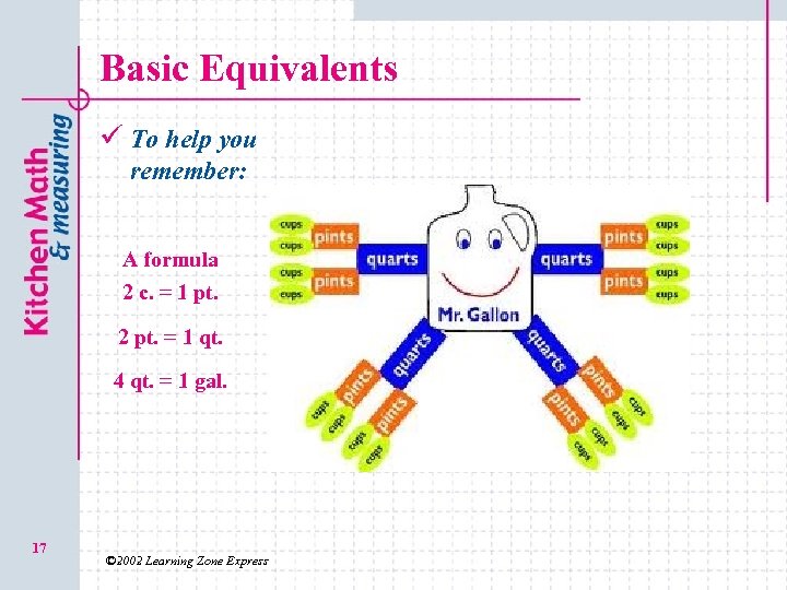 Basic Equivalents ü To help you remember: A formula 2 c. = 1 pt.