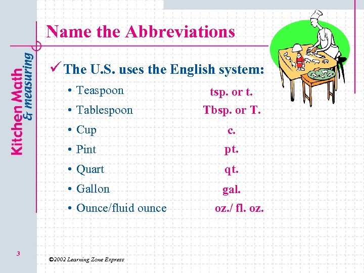 Name the Abbreviations ü The U. S. uses the English system: • Teaspoon •