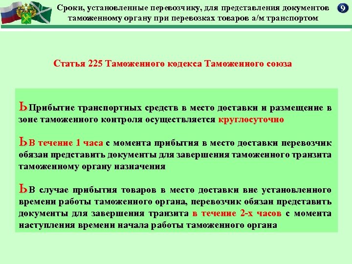 Сроки, установленные перевозчику, для представления документов таможенному органу при перевозках товаров а/м транспортом Статья