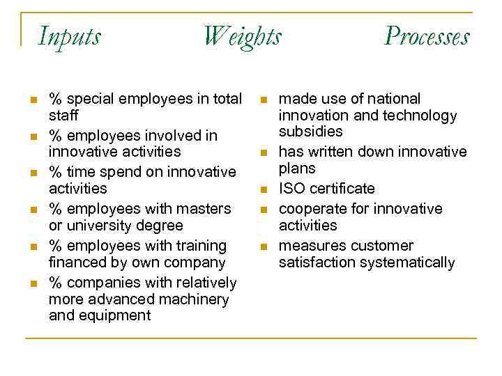 Inputs n n n Weights % special employees in total staff % employees involved