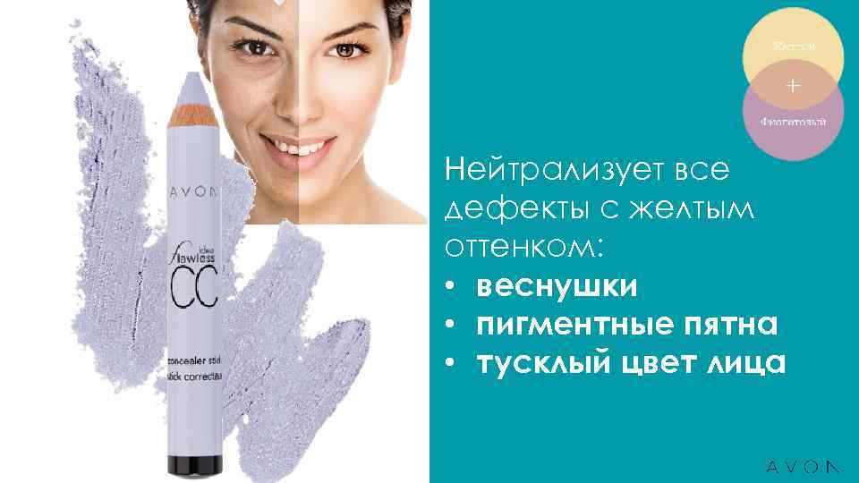 Нейтрализует все дефекты с желтым оттенком: • веснушки • пигментные пятна • тусклый цвет