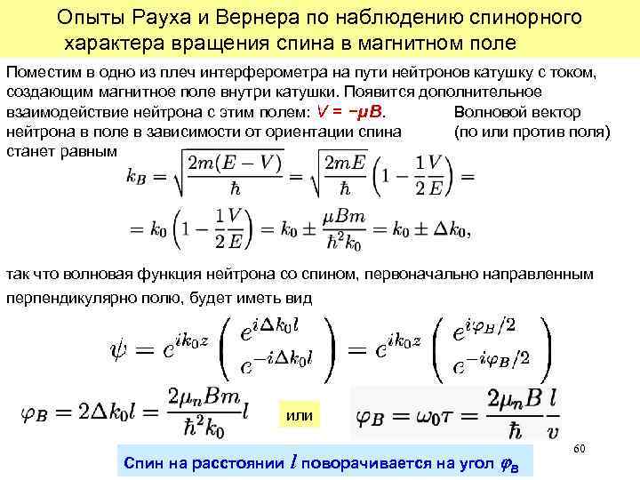 Опыты Рауха и Вернера по наблюдению спинорного характера вращения спина в магнитном поле Поместим