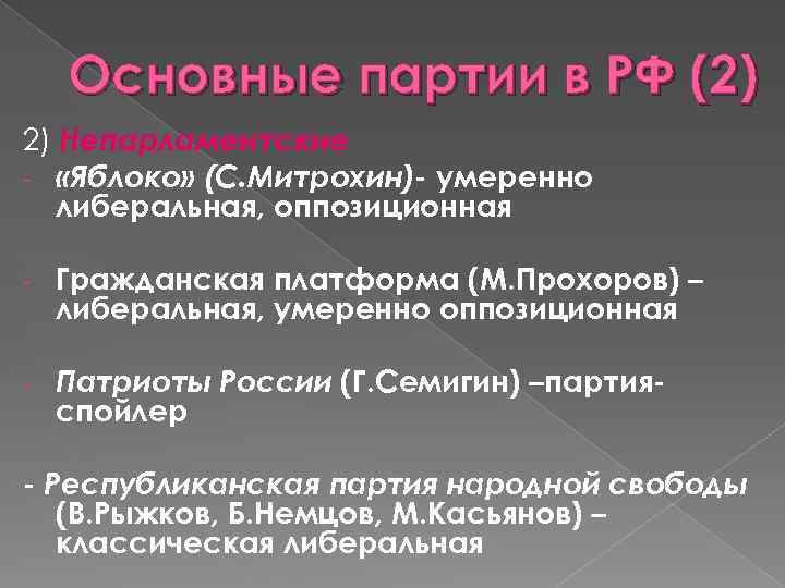 Основные партии в РФ (2) 2) Непарламентские - «Яблоко» (С. Митрохин)- умеренно либеральная, оппозиционная