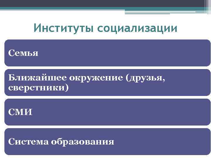 Институты социализации Семья Ближайшее окружение (друзья, сверстники) СМИ Система образования 