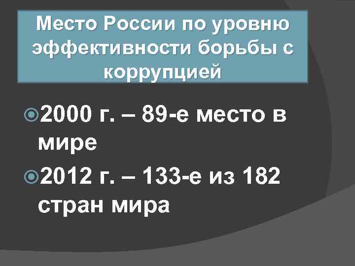 Место России по уровню эффективности борьбы с коррупцией 2000 г. – 89 -е место