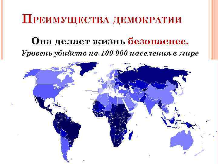 ПРЕИМУЩЕСТВА ДЕМОКРАТИИ Она делает жизнь безопаснее. Уровень убийств на 100 000 населения в мире