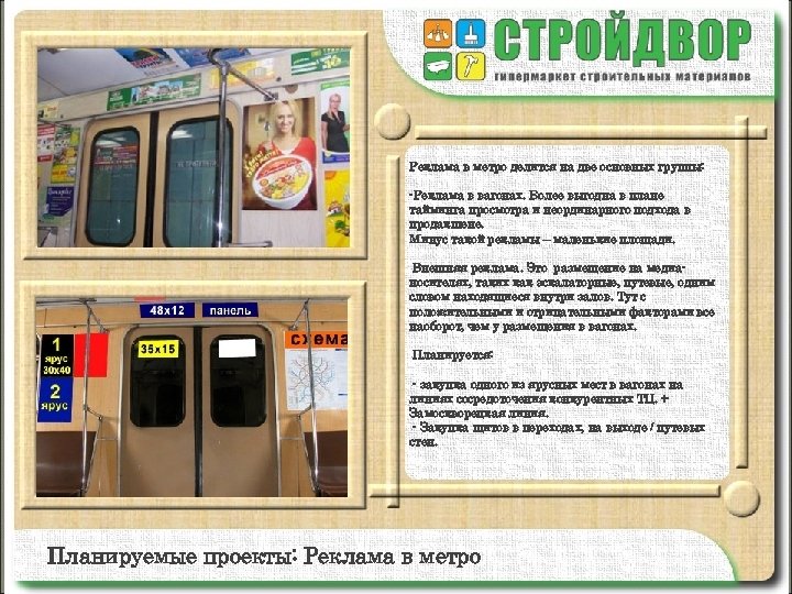 Реклама в метро делится на две основных группы: -Реклама в вагонах. Более выгодна в