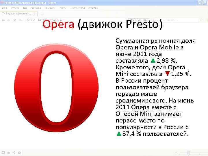 Opera (движок Presto) Суммарная рыночная доля Opera и Opera Mobile в июне 2011 года