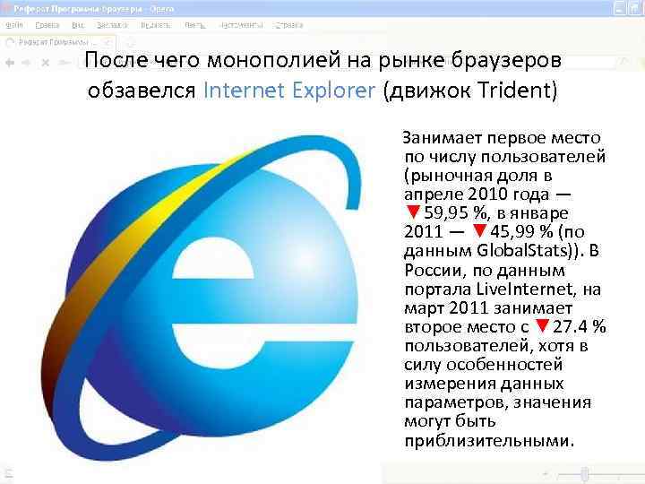 После чего монополией на рынке браузеров обзавелся Internet Explorer (движок Trident) Занимает первое место