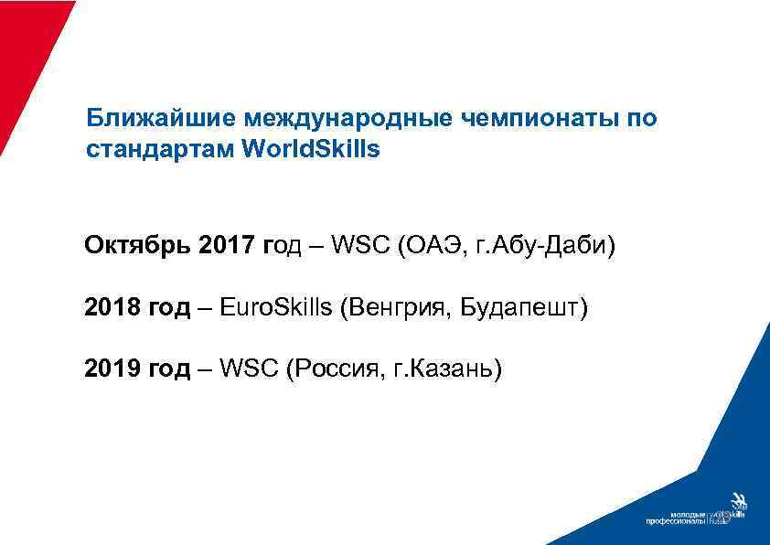 Ближайшие международные чемпионаты по стандартам World. Skills Октябрь 2017 год – WSС (ОАЭ, г.