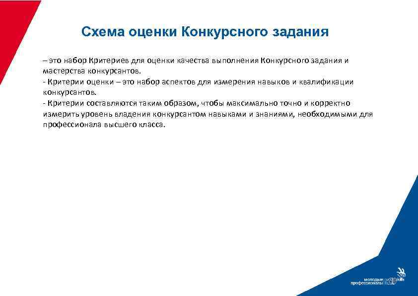 Схема оценки Конкурсного задания – это набор Критериев для оценки качества выполнения Конкурсного задания