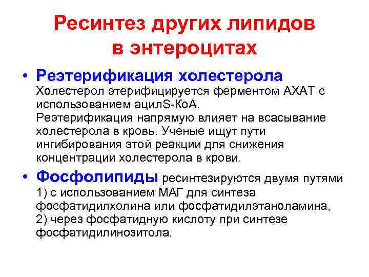 Ресинтез других липидов в энтероцитах • Реэтерификация холестерола Холестерол этерифицируется ферментом АХАТ с использованием
