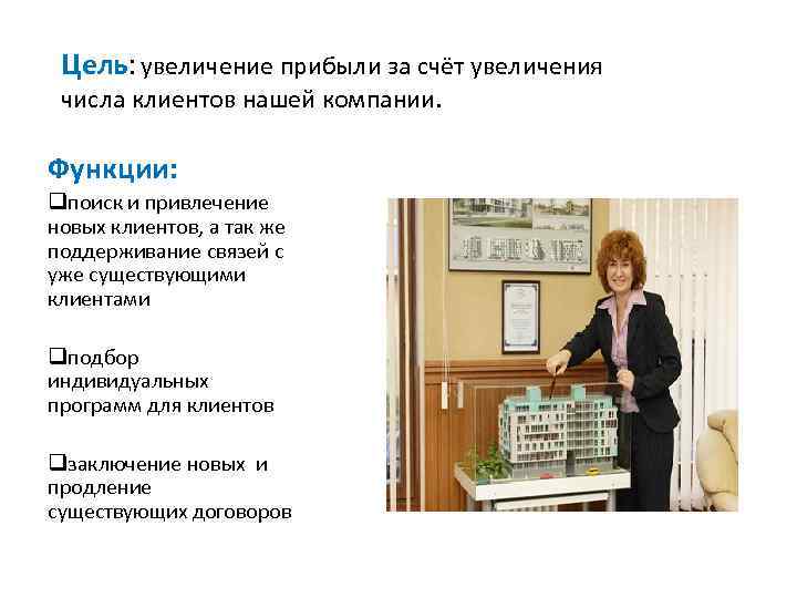 Цель: увеличение прибыли за счёт увеличения числа клиентов нашей компании. Функции: qпоиск и привлечение