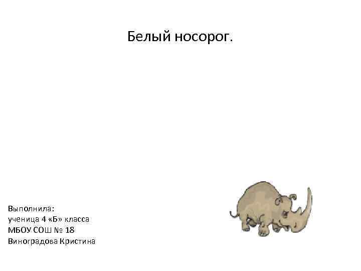  Белый носорог. Выполнила: ученица 4 «Б» класса МБОУ СОШ № 18 Виноградова Кристина