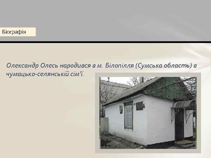 Біографія Олександр Олесь народився в м. Білопілля (Сумська область) в чумацько-селянській сім'ї. 