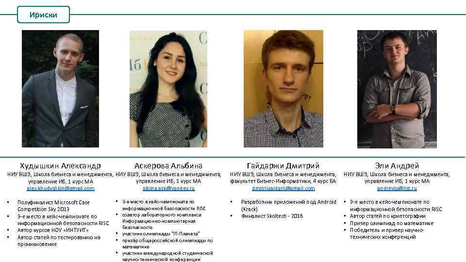 Ириски Худышкин Александр Аскерова Альбина НИУ ВШЭ, Школа бизнеса и менеджмента, управление ИБ, 1