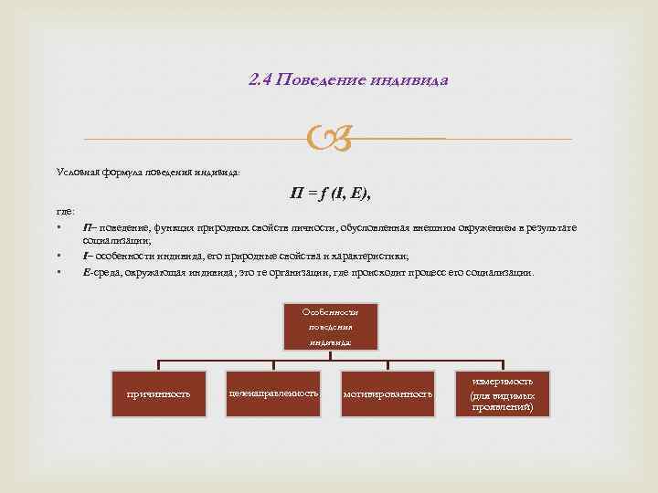 2. 4 Поведение индивида Условная формула поведения индивида: П = f (I, E), где: