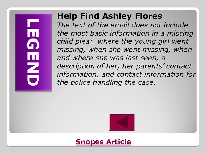 LEGEND Help Find Ashley Flores The text of the email does not include the