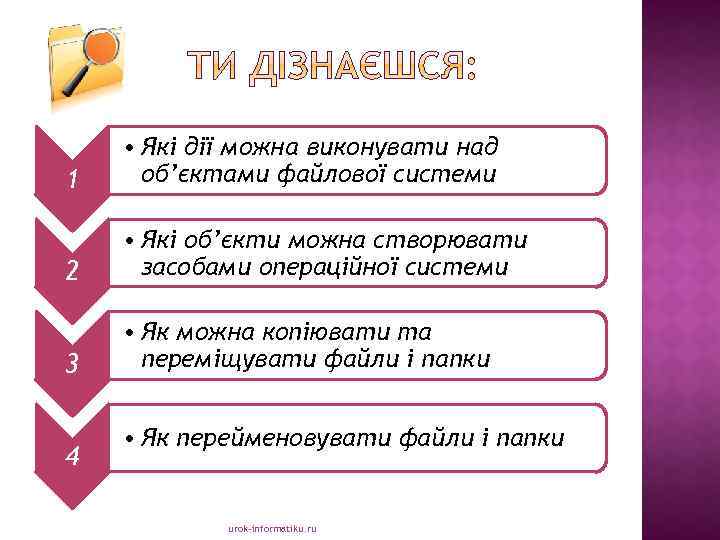 1 • Які дії можна виконувати над об’єктами файлової системи 2 • Які об’єкти