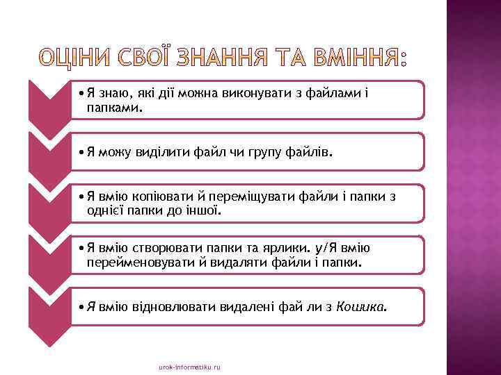  • Я знаю, які дії можна виконувати з файлами і папками. • Я