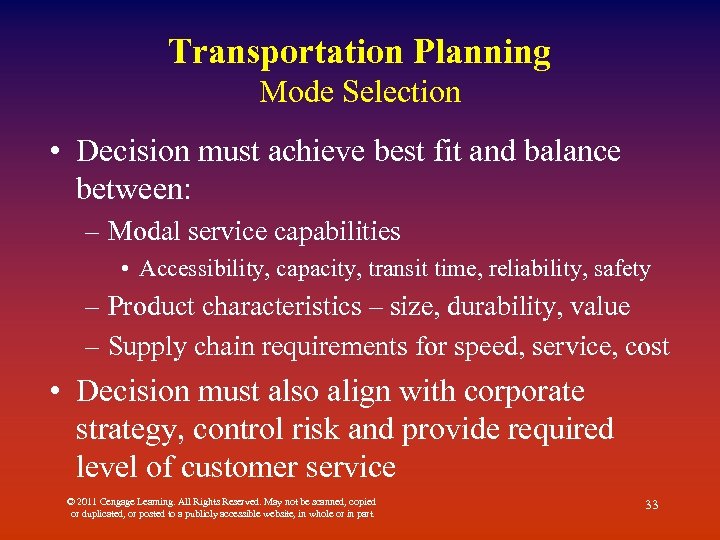 Transportation Planning Mode Selection • Decision must achieve best fit and balance between: –