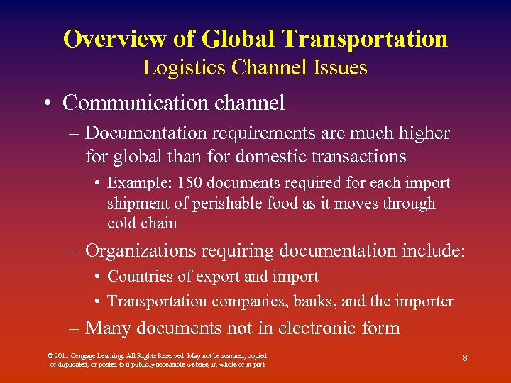 Overview of Global Transportation Logistics Channel Issues • Communication channel – Documentation requirements are