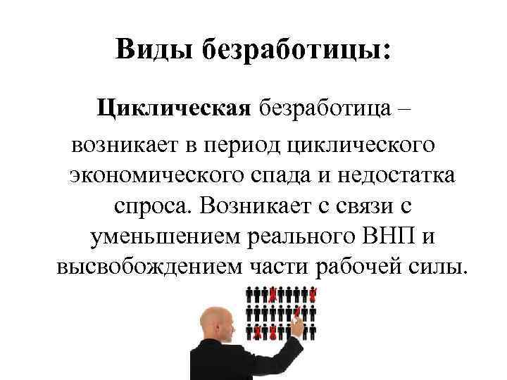 Виды безработицы: Циклическая безработица – возникает в период циклического экономического спада и недостатка спроса.