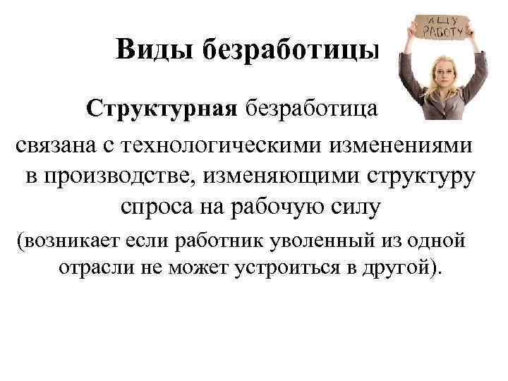 Виды безработицы: Структурная безработица – связана с технологическими изменениями в производстве, изменяющими структуру спроса