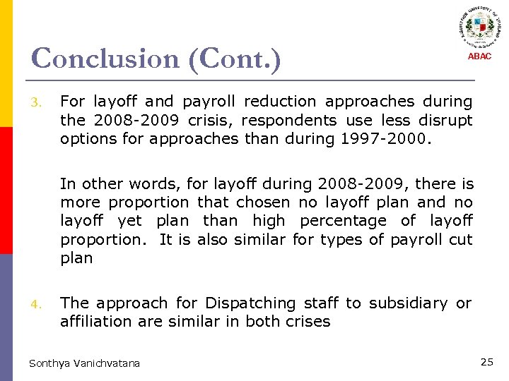 Conclusion (Cont. ) 3. ABAC For layoff and payroll reduction approaches during the 2008