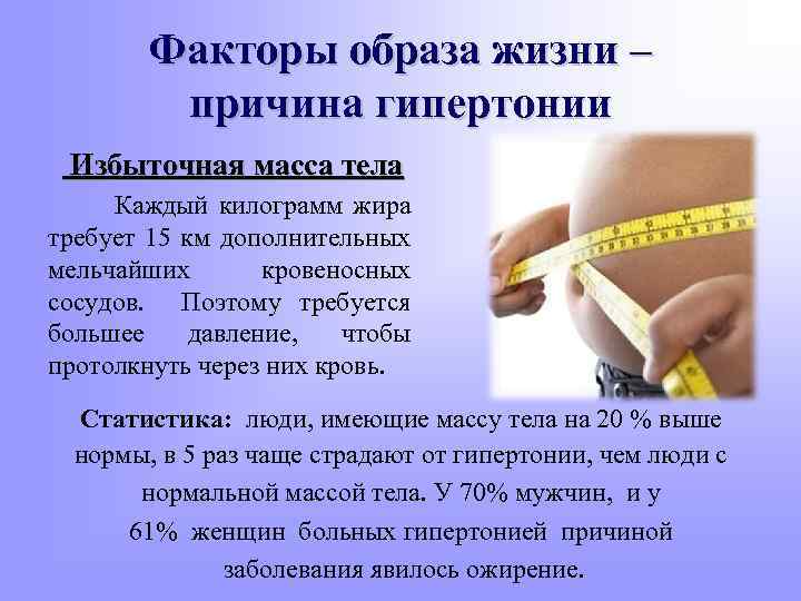 Факторы образа жизни – причина гипертонии Избыточная масса тела Каждый килограмм жира требует 15