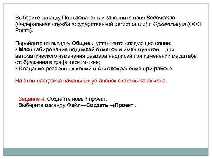 Выберите вкладку Пользователь и заполните поля Ведомство (Федеральная служба государственной регистрации) и Организация (ООО