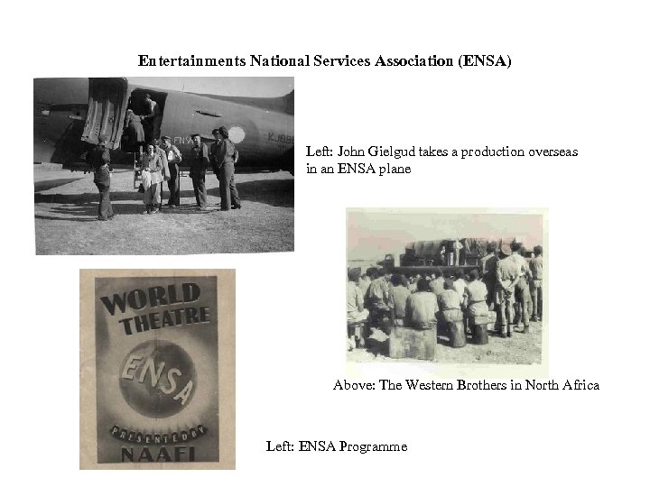 Entertainments National Services Association (ENSA) Left: John Gielgud takes a production overseas in an