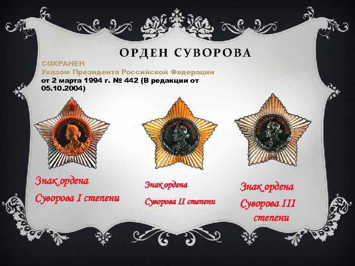 ОРДЕН СУВОРОВА СОХРАНЕН Указом Президента Российской Федерации от 2 марта 1994 г. № 442