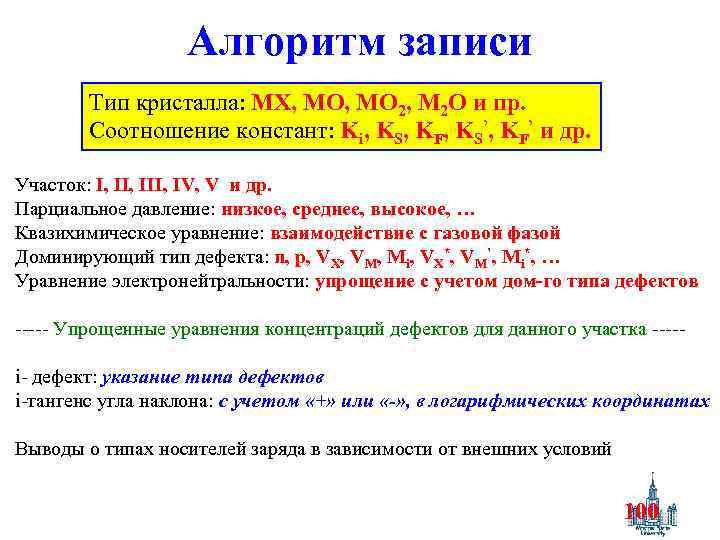 Алгоритм записи Тип кристалла: MX, MO 2, M 2 O и пр. Соотношение констант: