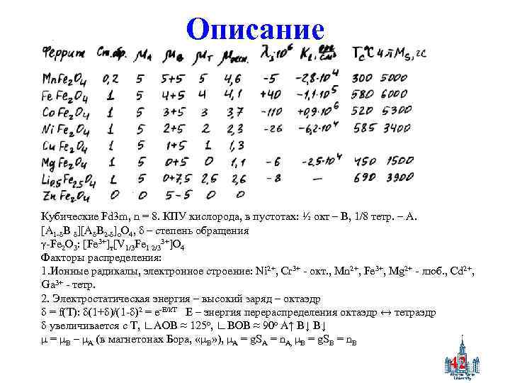 Описание Кубические Fd 3 m, n = 8. КПУ кислорода, в пустотах: ½ окт