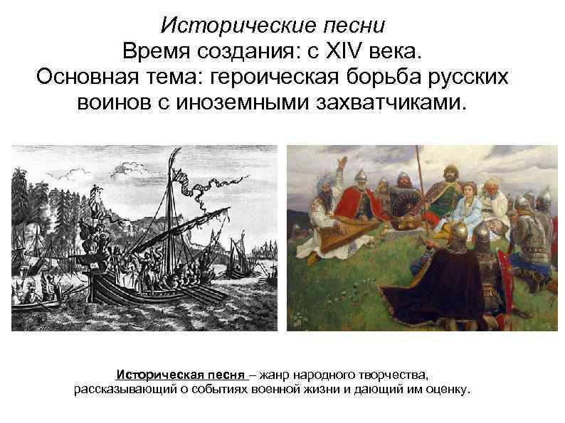 Исторические песни Время создания: с XIV века. Основная тема: героическая борьба русских воинов с