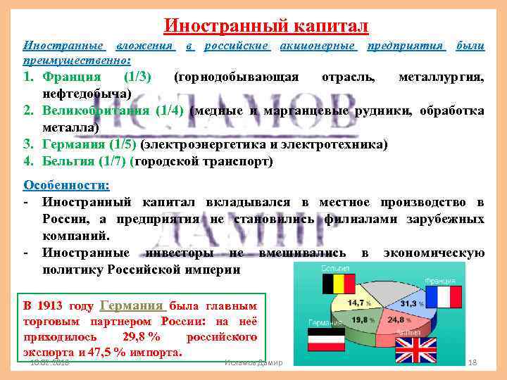 Иностранный капитал Иностранные вложения преимущественно: в российские акционерные предприятия были 1. Франция (1/3) (горнодобывающая