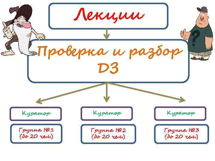 Лекции Проверка и разбор ДЗ Куратор Группа № 1 (до 20 чел. ) Куратор