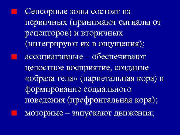 Сенсорные зоны состоят из первичных (принимают сигналы от рецепторов) и вторичных (интегрируют их в