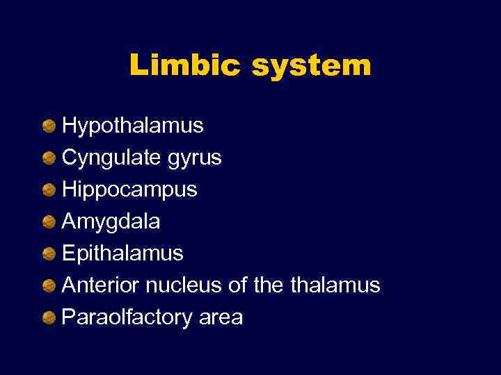 Limbic system Hypothalamus Cyngulate gyrus Hippocampus Amygdala Epithalamus Anterior nucleus of the thalamus Paraolfactory