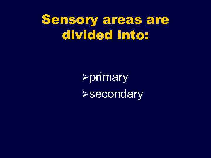 Sensory areas are divided into: Øprimary Øsecondary 
